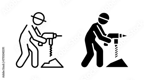 Construction worker drilling into the ground pictogram of a builder using a jackhammer to break concrete or asphalt