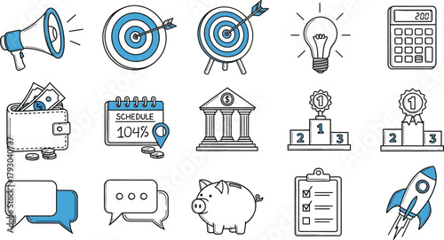 Finance Icon Set with Megaphone, Target, Bulb, Calculator, Wallet, Podium, Rocket