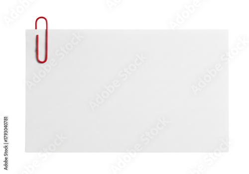 White blank rectangular note paper with paperclip isolated on white