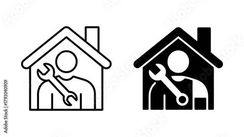 Handyman service icon showing a repairman with a wrench standing in front of a house