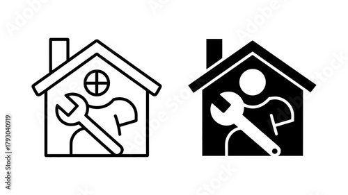 Handyman service icon showing a repairman with a wrench standing in front of a house