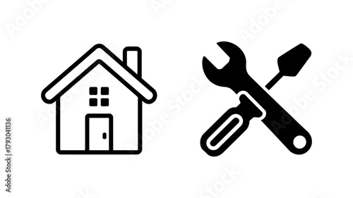 Home repair service icon house and crossed screwdriver and wrench symbol renovation and construction concept
