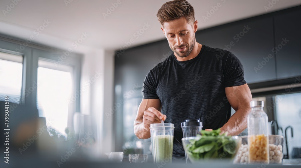 custom made wallpaper toronto digitalFit man preparing green protein shake in modern kitchen before morning workout