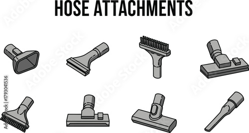 Gray Assorted Vacuum Cleaner Hose Attachments on White Background, Cleaning Tools