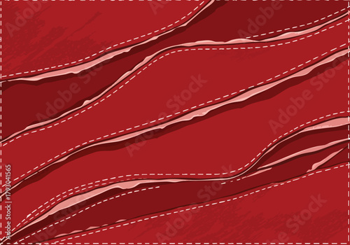 Vibrant scarlet abstract background with torn fabric layers and decorative white stitching creating a dynamic texture and unique design pattern