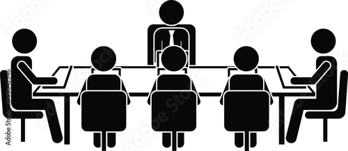 Silhouette illustration of a business meeting with office workers seated around a conference table, perfect for teamwork, corporate communication, and workplace vector designs.