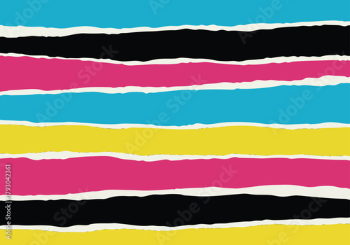 Vibrant torn paper collage background featuring striking horizontal stripes in cmyk colors creating a dynamic abstract visual art composition