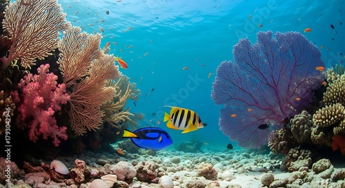 Fototapeta Naklejka Na Ścianę i Meble -  Colorful coral reef scene with two tropical fish