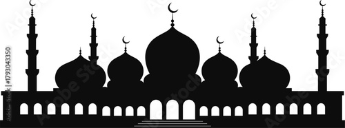 Silhouette of a grand mosque with multiple domes and minarets against white background