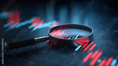 Magnifying glass scrutinizes dynamic digital financial performance data