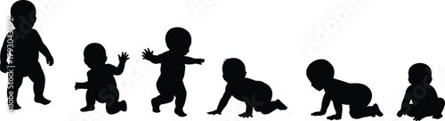 Baby development stages silhouette: crawling, standing, and sitting progression