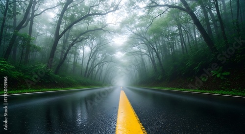 Rainy forest road with bright yellow line