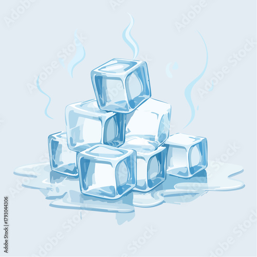 Pile Of Clear Ice Cubes Melting On A Wet Surface With Wisps Of Steam Rising In A Cool Blue Toned Atmosphere