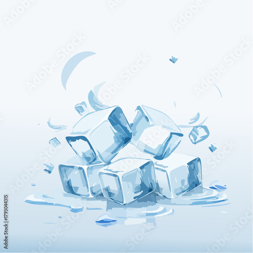 Pile Of Ice Cubes Melting In Water With Blue Swirls And Crescent Shapes In A Soft Light Blue Background With A Cool Refreshing Atmosphere