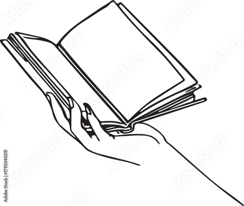 Reading, hand, open book, line art, vector illustration, outline drawing, black and white, literature, education, knowledge, study, learn, book lover, graphic design, web element, application icon, si