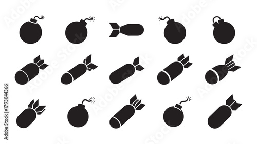 Set of bomb icons simple flat vector design elements isolated on white background for war danger and destruction concepts