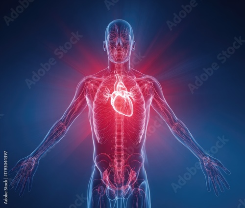 Glowing anatomical man; red heart focus, veins and arteries visible