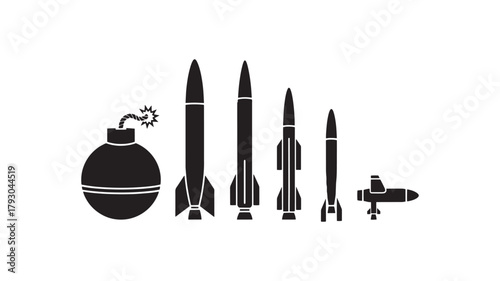 Set of missile and bomb icons simple flat vector design isolated on white background for military and defense concepts