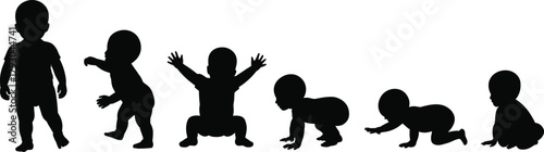 Baby development stages silhouette: standing, crawling, sitting, walking sequence