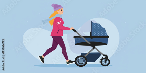 mother, baby stroller, pram, pushing, walking, winter, cold weather, snow, snowy, outdoor, park, parent, motherhood, baby, child, infant, stroll, family life, activity, leisure, exercise, illustration