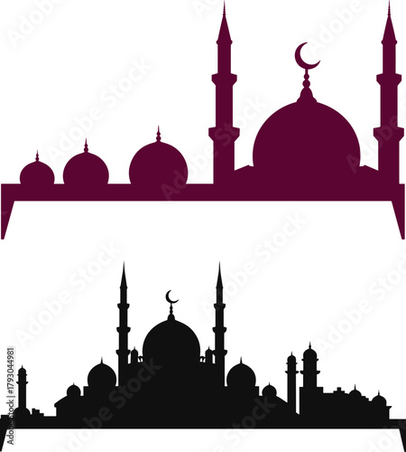 Two silhouette mosques, one burgundy and one black, isolated on white background