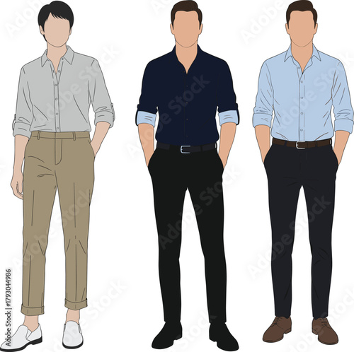 Stylish illustration of three men in modern casual outfits, perfect for fashion concepts, clothing designs, menswear lookbooks, and trendy vector artwork.