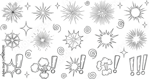 Hand Drawn Comic Style Explosion Stars, Sparks and Exclamation Points on White