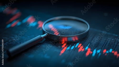 Magnifying glass examines digital financial chart showing market fluctuation