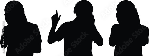 Three silhouettes of people in various poses, isolated on white.