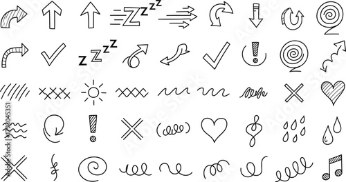 Hand Drawn Doodle Arrows, Check Marks, Swirls, Hearts with Transparent Background