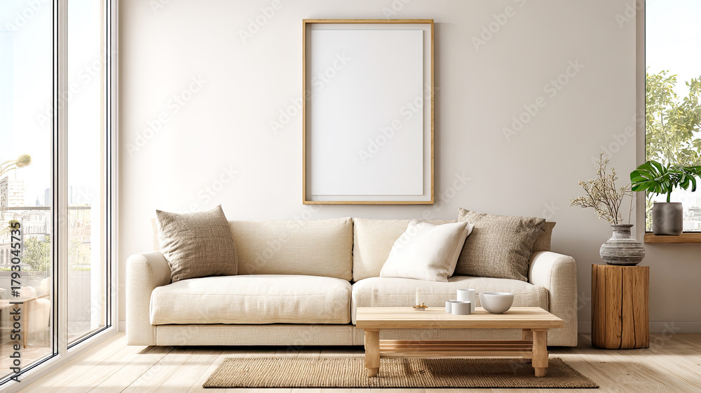 Fototapeta premium Warme, minimalistische Interiors in Beige- und Naturtönen mit klaren Poster-Mockups an ruhigen, modernen Wänden. Zeitlose Möbel, sanftes Tageslicht und dezente Dekoration