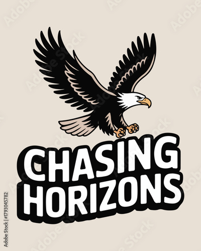 Bald eagle soaring above text chasing horizons flying
