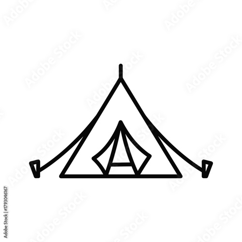 Black and white line art illustration of a tent