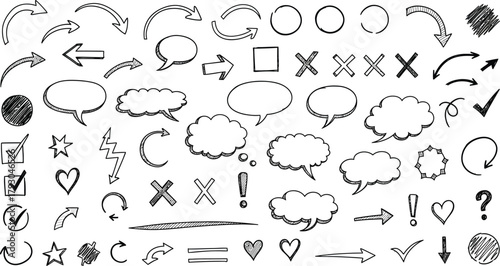 Hand Drawn Doodle Elements Arrows, Speech Bubbles, Symbols, Hearts, Stars, Checks