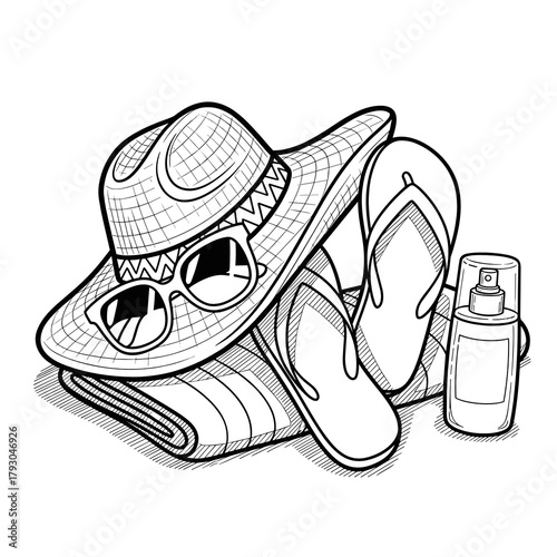 Beach holiday essentials including hat and flip-flops for relaxation  