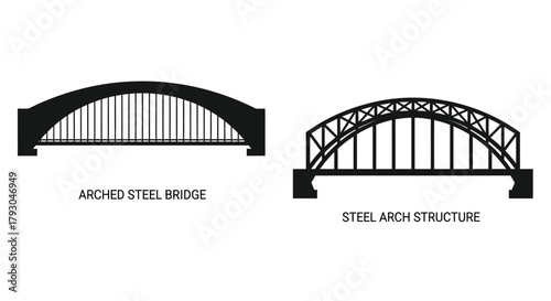 Detailed illustrations of two distinct steel arch bridge designs and structures