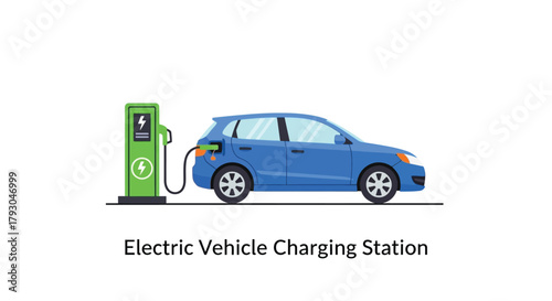 A blue electric car is charging at a modern station