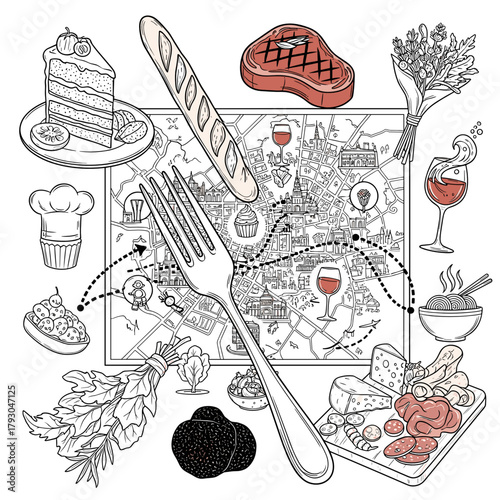 Gourmet food tour concept with map, fork, and assorted dishes  