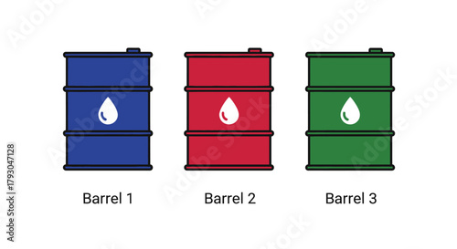 Three colorful oil barrels with droplet symbols in a simple illustration