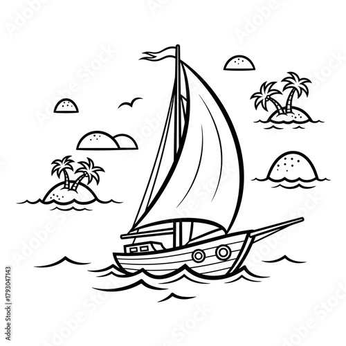Sailboat sailing near small tropical islands with palm trees  