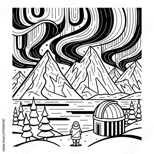 Person observing northern lights above mountains and lake in arctic landscape