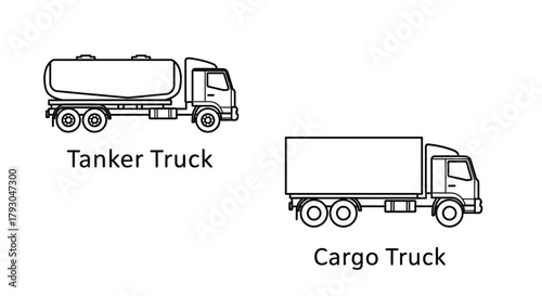 Simple line drawing depicting a tanker truck and a cargo truck illustration