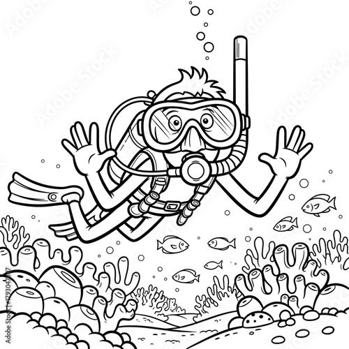 Scuba diver exploring coral reef underwater with marine life  