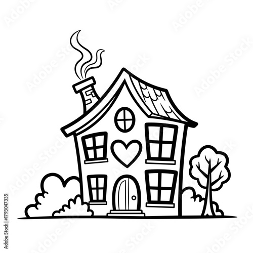 Charming house with a heart and smoke coming from the chimney  