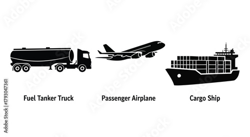 Black silhouettes of a tanker truck airplane and cargo ship illustrated