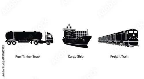 Black silhouettes of a tanker truck cargo ship and freight train