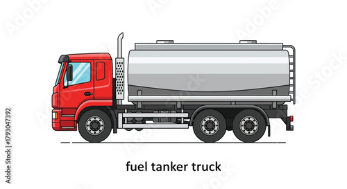 A detailed illustration of a red and silver fuel tanker truck