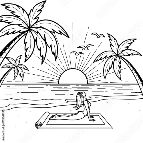 Woman practicing yoga on mat during peaceful sunrise at beach  