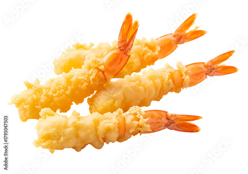 Crispy golden fried shrimp tempura arranged in a pile isolated on transparent background