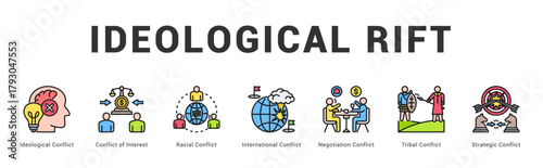 Ideological Rift Modern and clean web banner illustration featuring thematic icons for visual communication
